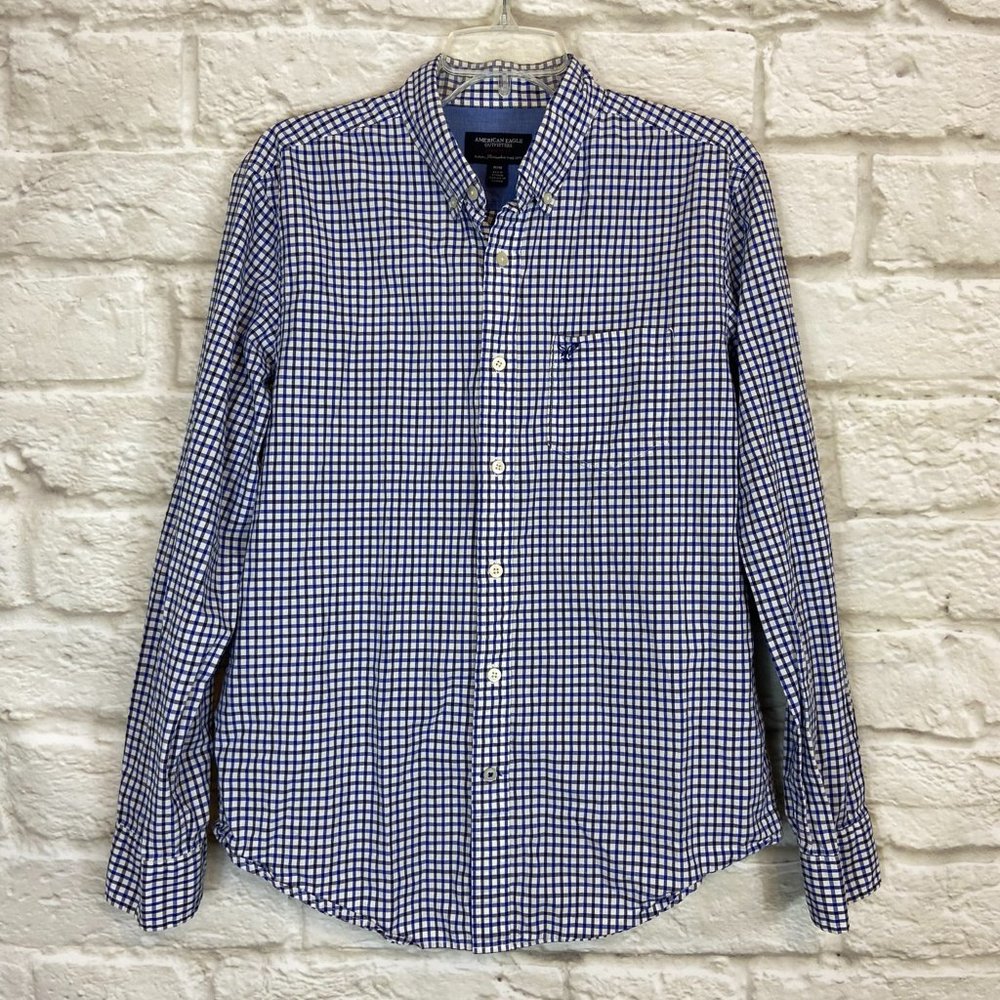 AMERICAN EAGLE OUTFITTERS Mens Size Medium Athletic Fit Blue White Button Down